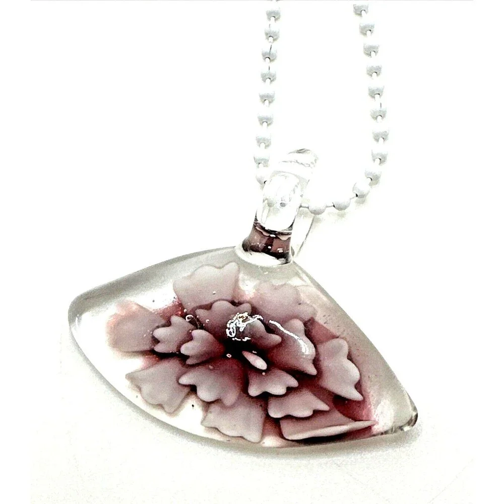 Artisan Lampwork Glass Floral Pendant Necklace Pink Purple Hand Blown 18” Chain